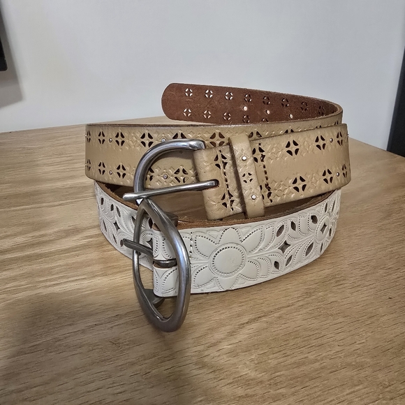 Fossil Accessories - Fossil Pair of Leather Belts in brown and cream Earthy Boho Perforated Bohemian